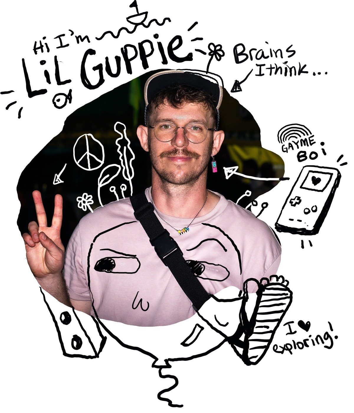 Lil Guppie portrait surrounded by handwritten doodles