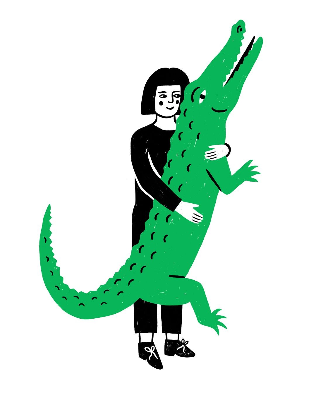 Gillian Wilson’s Hungry For Hugs illustration of a person hugging a green alligator