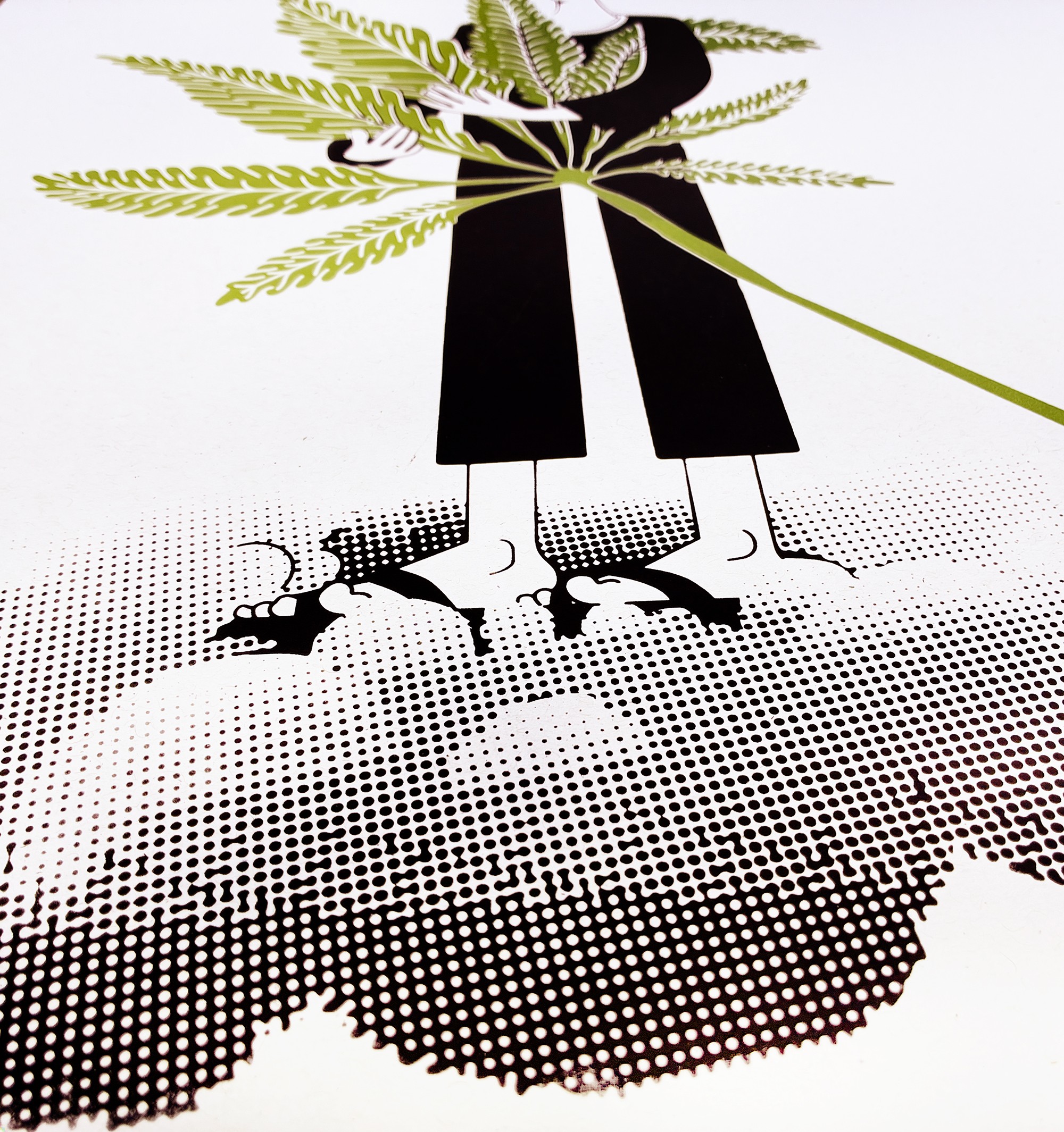 Close-up of the cannabis man standing on a dotted cloud in flip-flops