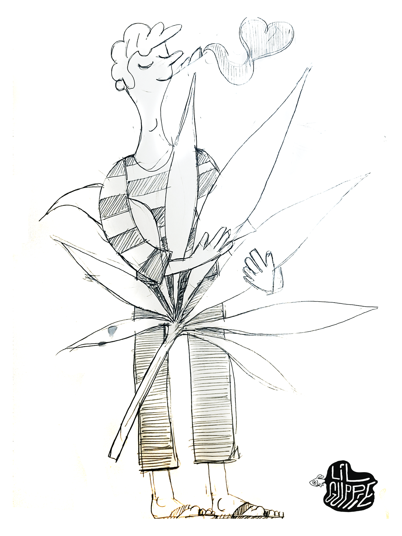 Original pencil sketch of the cannabis man hugging a giant leaf, with a heart-shaped cloud of smoke