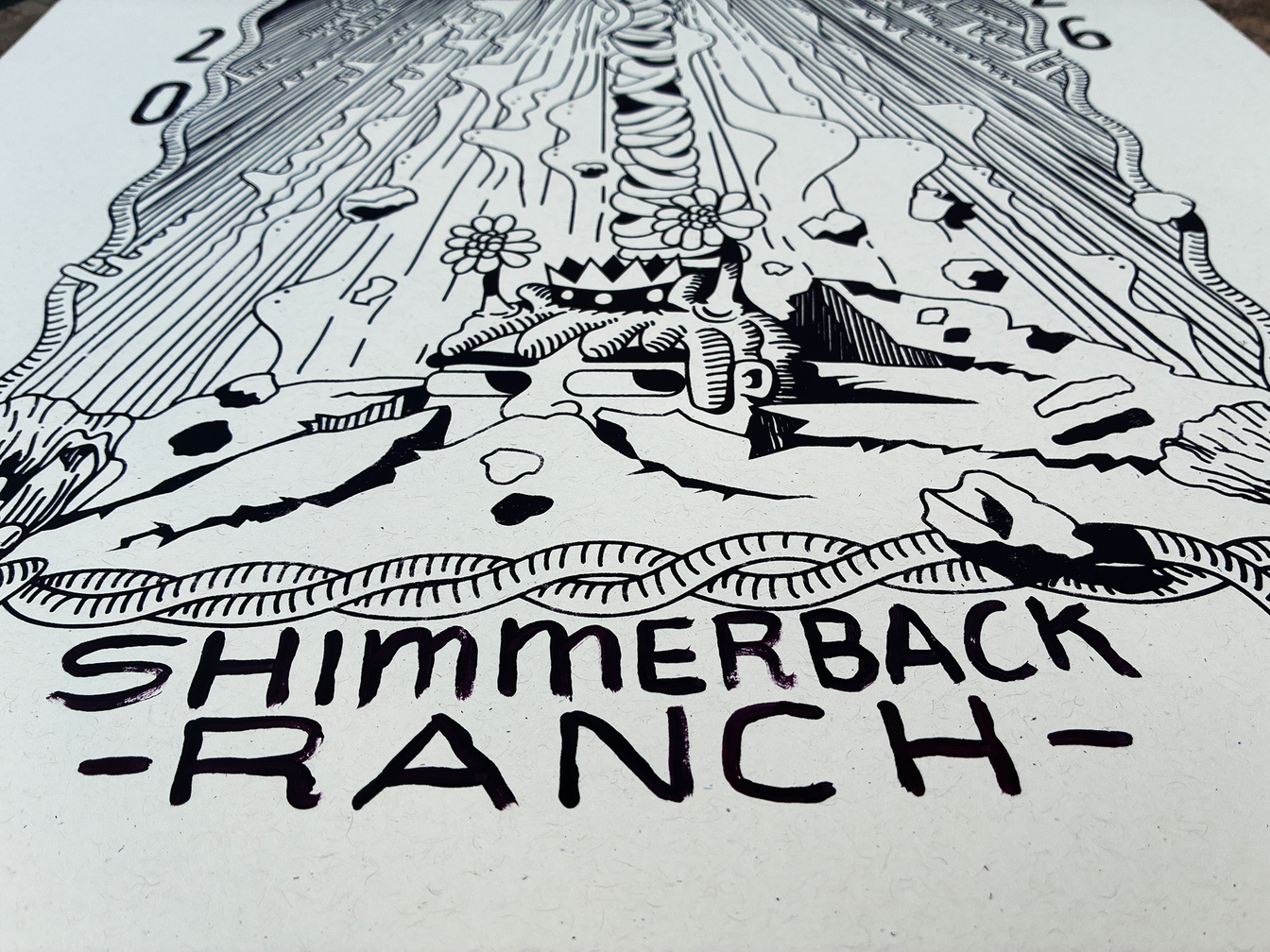 Close-up of the May Queen and Shimmerback Ranch lettering at the bottom of the print