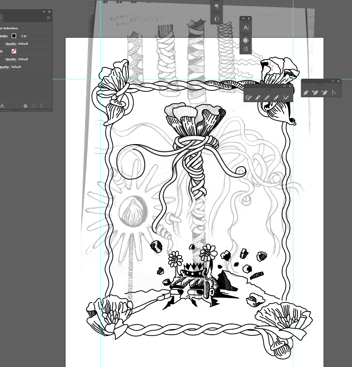 Later stage adding the Maypole and ribbons to the Beltane illustration