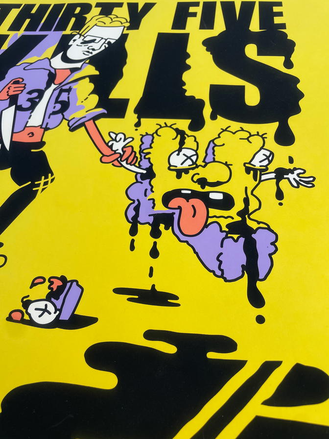 Close-up of the illustrated number characters in the Thirty-Five Kills print