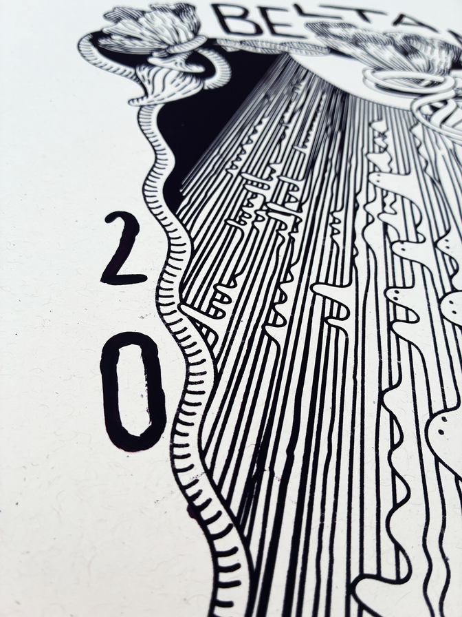 Close-up of the left side and line work of the Beltane print